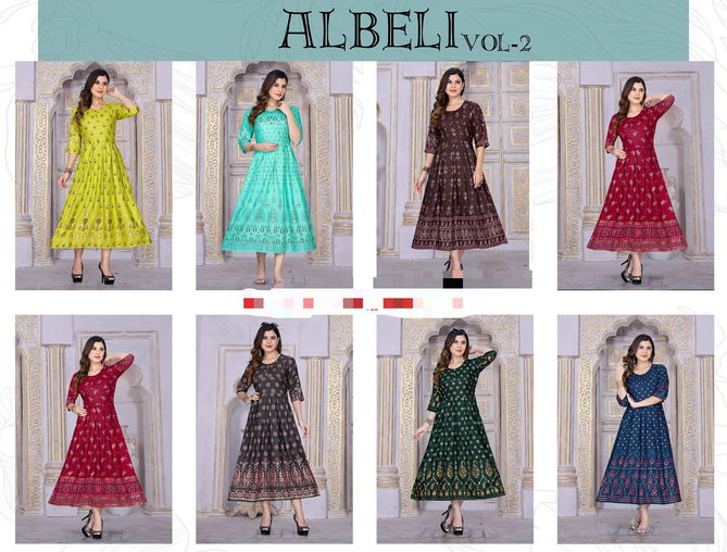 New Riyaa Albeli 2 Fancy Festive Wear Rayon Printed Long Kurti Collection